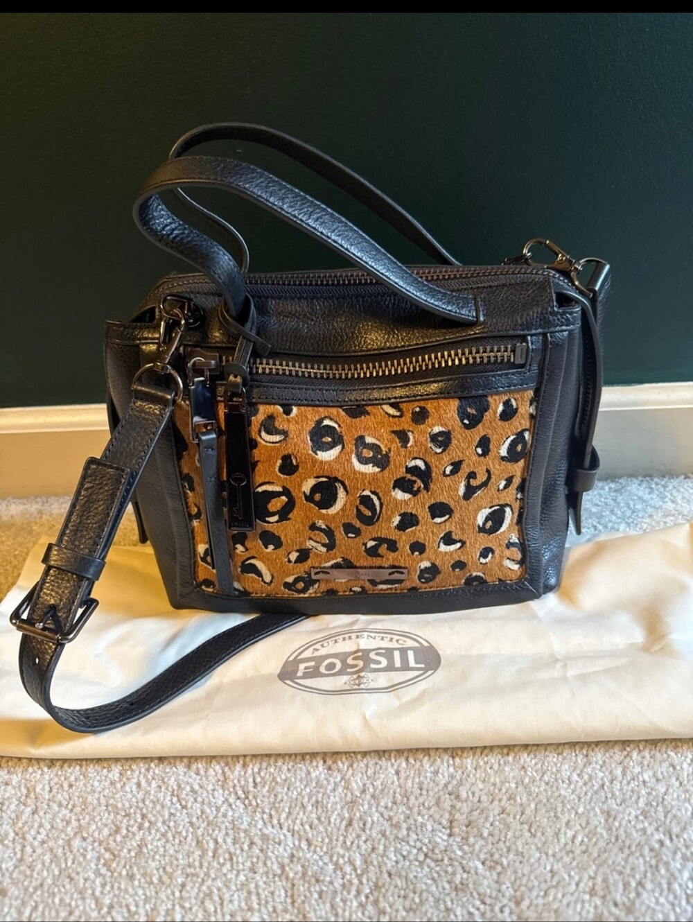 Fossil Black Leather Crossbody with Leopard-Print Panel